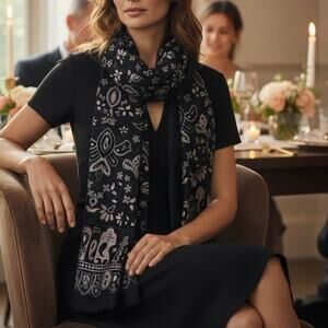 Chico's black velvet paisley burnout oblong scarf NWT